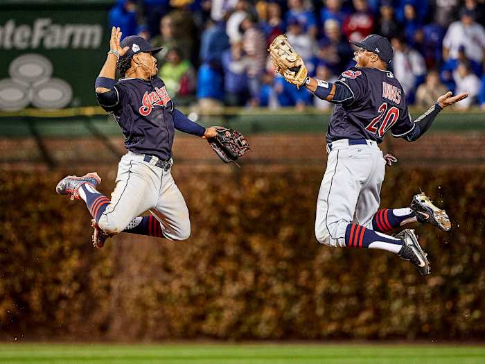Francisco Lindor and Rajai Davis high-fiving